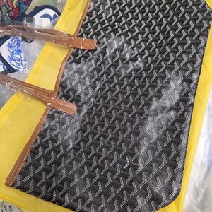 Black Patterned Tote Bag with Brown Handles - Designer Inspired